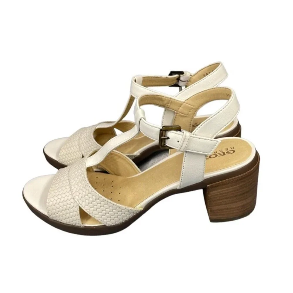 Geox Annya Mid Sandals Block Heel T Strap White SZ 40 EU 10 US NIB